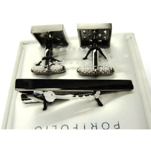 Perry Ellis Portfolio Cufflinks Set w Neck Tie Clip Silver Tone Wedding IOB - Picture 3 of 8